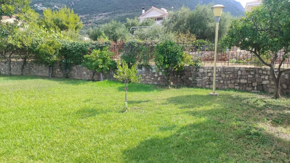 Πράσινος κήπος με γκαζόν και πέτρινο τοίχο